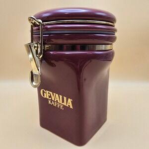 Gevalia Kaffe Ceramic Coffee Canister Burgundy Airtight Gold Bale Flip Top Lid
